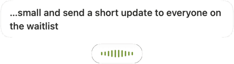 The Flow bar while you talk: the live caption “…small and send a short update to everyone on the waitlist” above the listening pill.