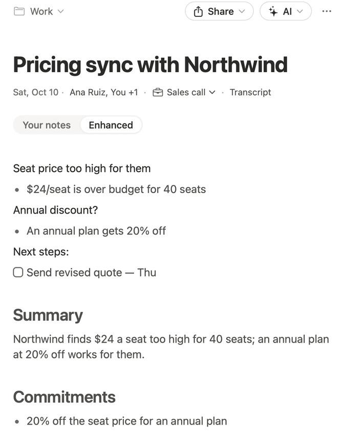 A meeting note on the Mac: Pricing sync with Northwind, with its summary and commitments.