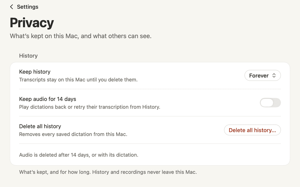 Settings, Privacy on the Mac: Keep history, Forever, transcripts stay on this Mac until you delete them; Keep audio for 14 days, off; Delete all history. Audio is deleted after 14 days, or with its dictation.